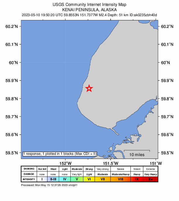 USGS DYFI community-reported intensity map for the M2.4 earthquake near 8 km NW of Nikolaevsk, Alaska