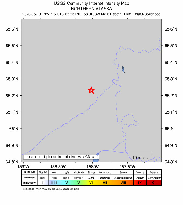 USGS DYFI community-reported intensity map for the M2.6 earthquake near 41 km NNW of Koyukuk, Alaska