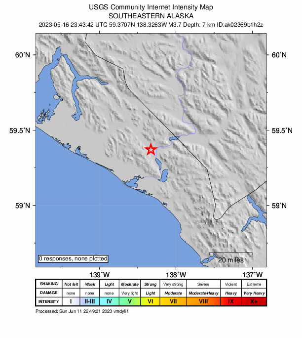 USGS DYFI community-reported intensity map for the M3.7 earthquake near 81 km ESE of Yakutat, Alaska
