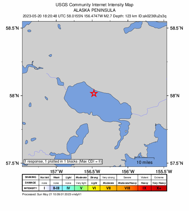 USGS DYFI community-reported intensity map for the M2.8 earthquake near 76 km ESE of Egegik, Alaska