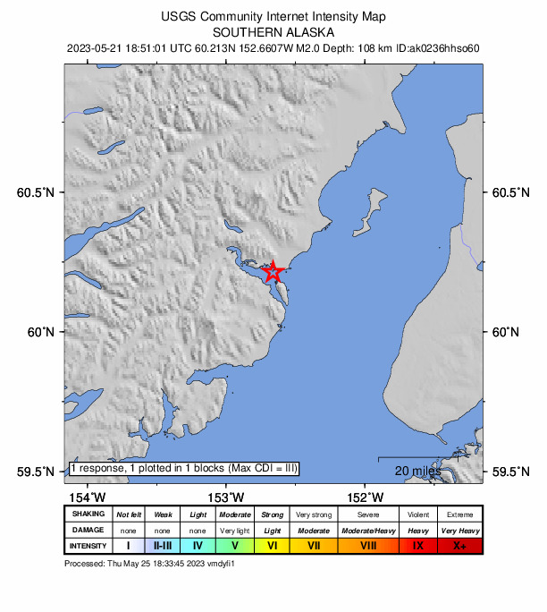 USGS DYFI community-reported intensity map for the M2.0 earthquake near 58 km WNW of Ninilchik, Alaska