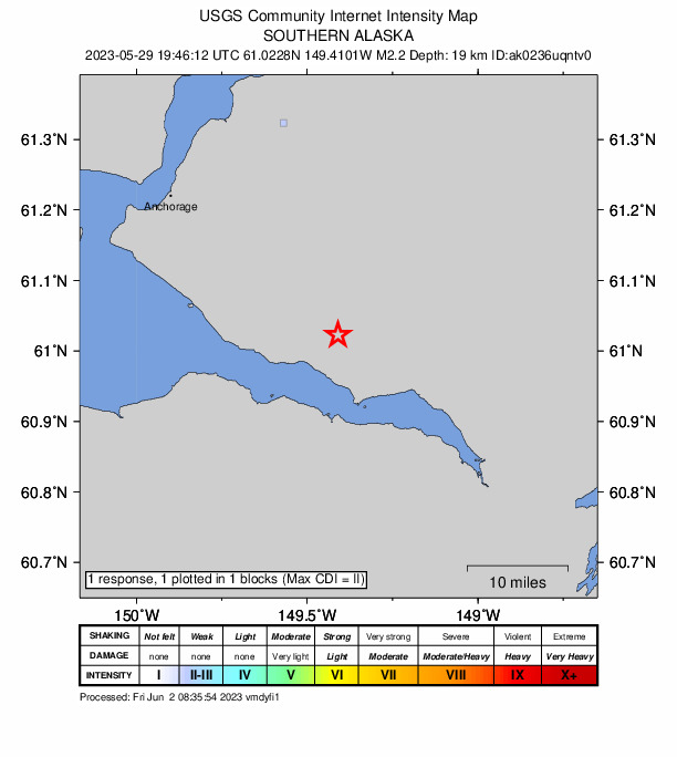 USGS DYFI community-reported intensity map for the M2.2 earthquake near 15 km N of Sunrise, Alaska