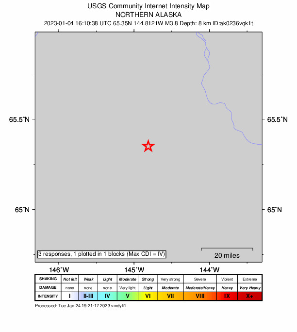 USGS DYFI community-reported intensity map for the M3.8 earthquake near 24 km S of Central, Alaska