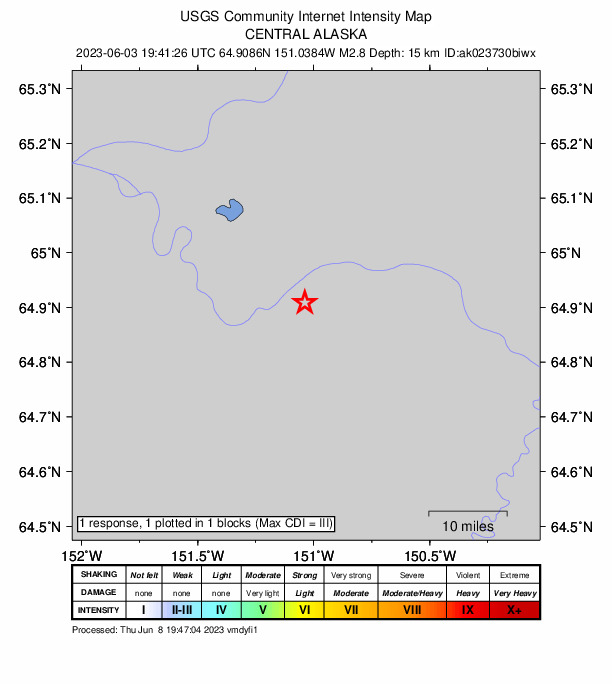 USGS DYFI community-reported intensity map for the M2.8 earthquake near 21 km WSW of Manley Hot Springs, Alaska
