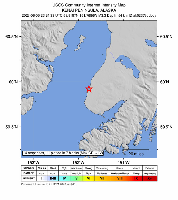 USGS DYFI community-reported intensity map for the M3.3 earthquake near 3 km SSW of Happy Valley, Alaska