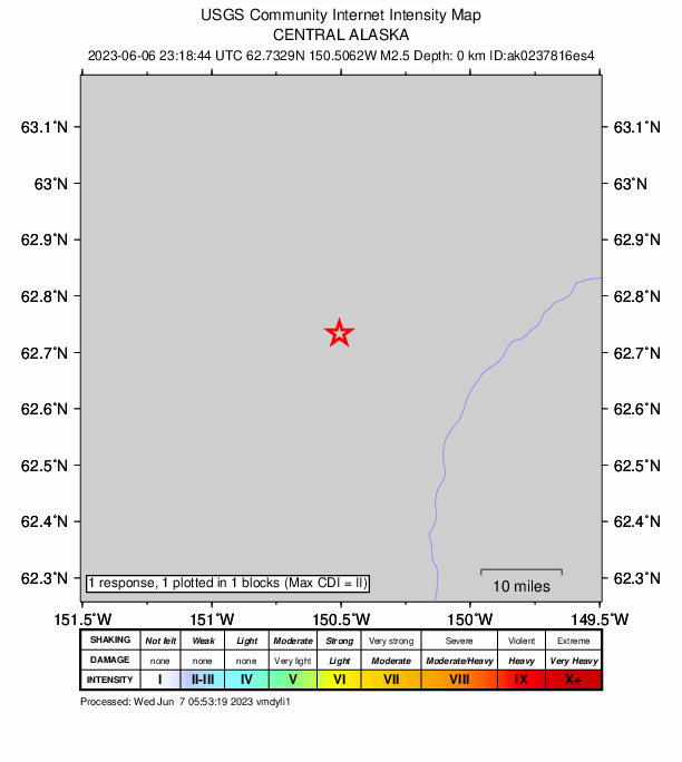 USGS DYFI community-reported intensity map for the M2.4 earthquake near 32 km NE of Petersville, Alaska
