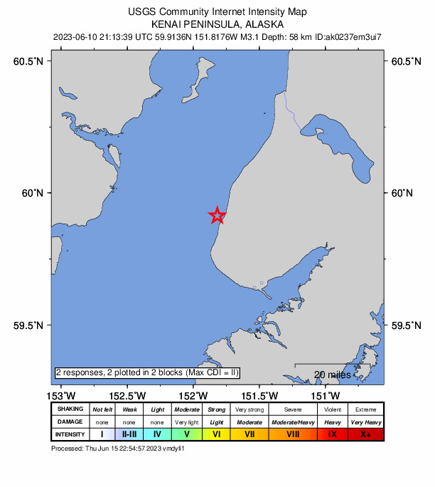 USGS DYFI community-reported intensity map for the M3.1 earthquake near 6 km SW of Happy Valley, Alaska