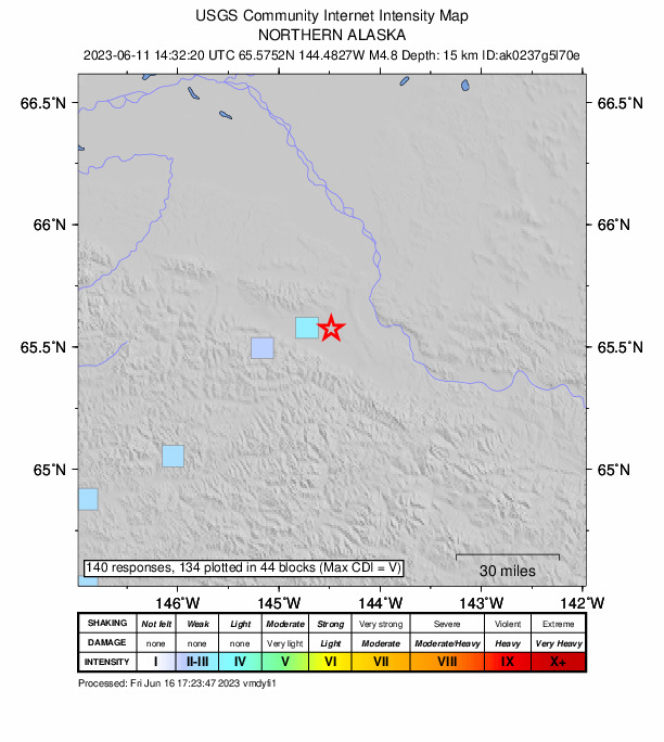 USGS DYFI community-reported intensity map for the M4.8 earthquake near 14 km E of Central, Alaska