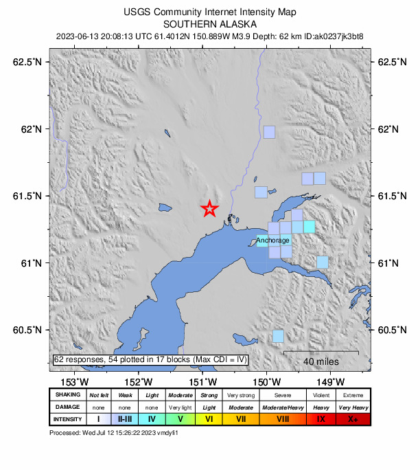 USGS DYFI community-reported intensity map for the M3.9 earthquake near 25 km SW of Susitna, Alaska