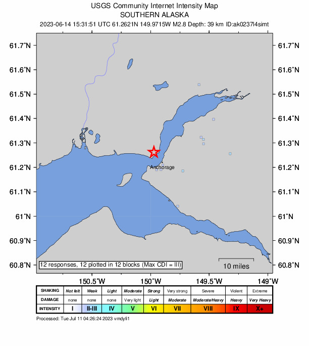 USGS DYFI community-reported intensity map for the M2.8 earthquake near 6 km NW of Anchorage, Alaska