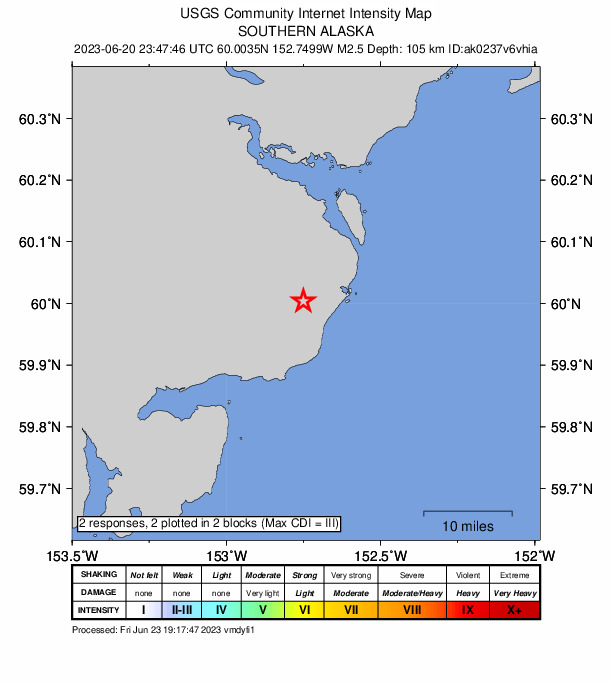 USGS DYFI community-reported intensity map for the M2.5 earthquake near 57 km W of Happy Valley, Alaska