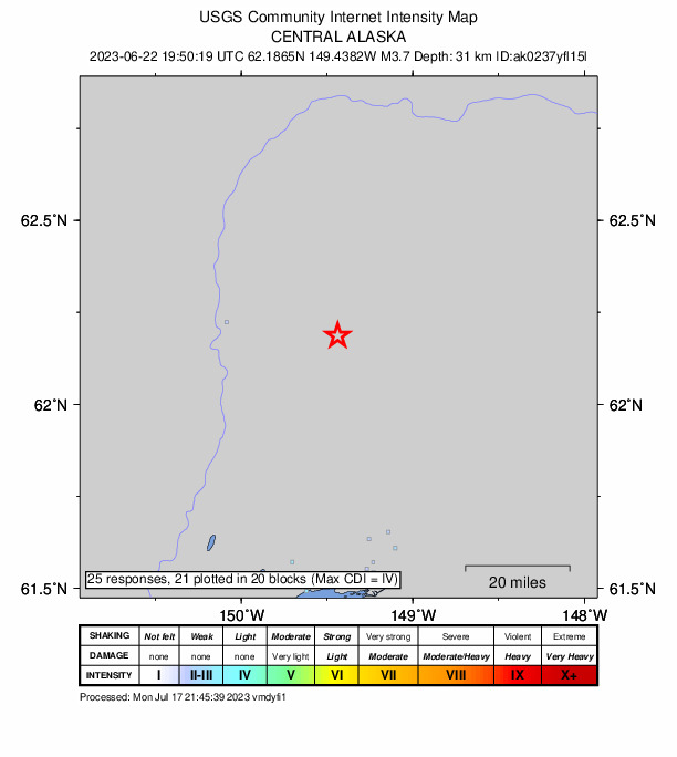 USGS DYFI community-reported intensity map for the M3.7 earthquake near Central Alaska