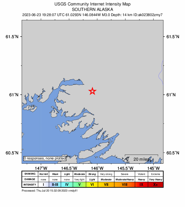 USGS DYFI community-reported intensity map for the M3.0 earthquake near 18 km SE of Valdez, Alaska