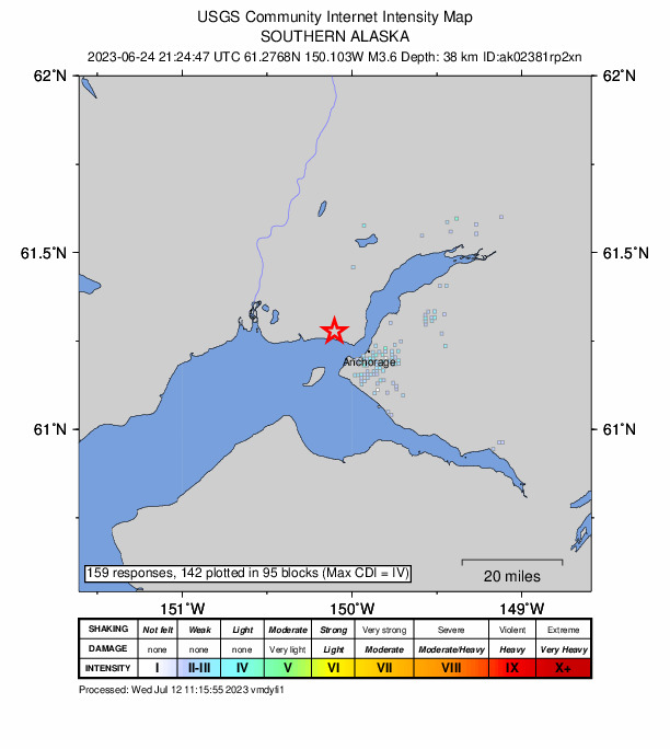 USGS DYFI community-reported intensity map for the M3.6 earthquake near 11 km SW of Point MacKenzie, Alaska
