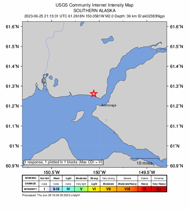 USGS DYFI community-reported intensity map for the M2.0 earthquake near 9 km WNW of Anchorage, Alaska