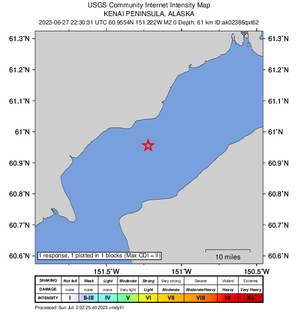 USGS DYFI community-reported intensity map for the M2.0 earthquake near 13 km SSW of Tyonek, Alaska