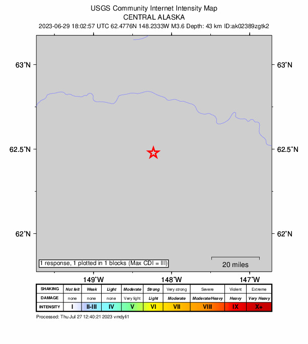 USGS DYFI community-reported intensity map for the M3.6 earthquake near 76 km N of Chickaloon, Alaska