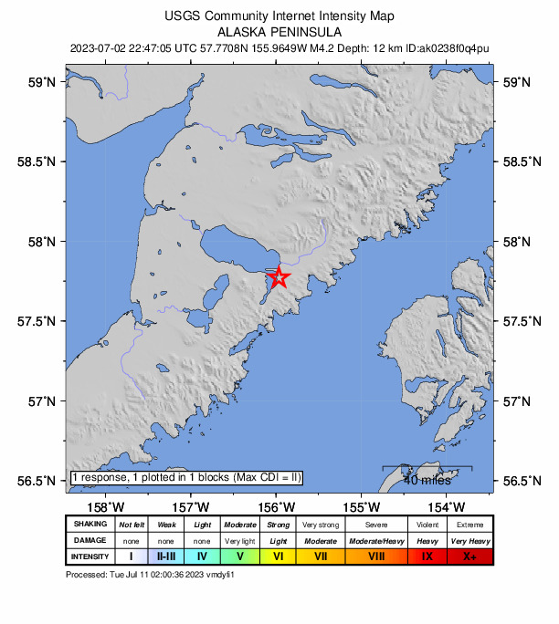 USGS DYFI community-reported intensity map for the M4.2 earthquake near Alaska Peninsula