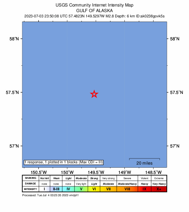 USGS DYFI community-reported intensity map for the M2.9 earthquake near 170 km E of Chiniak, Alaska