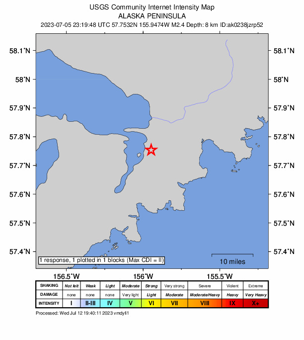 USGS DYFI community-reported intensity map for the M2.4 earthquake near 90 km ENE of Ugashik, Alaska