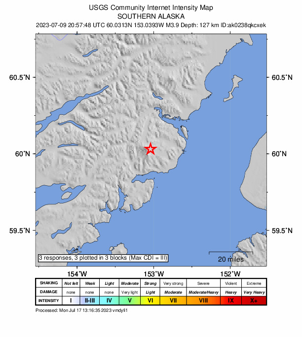 USGS DYFI community-reported intensity map for the M3.9 earthquake near 65 km ENE of Pedro Bay, Alaska