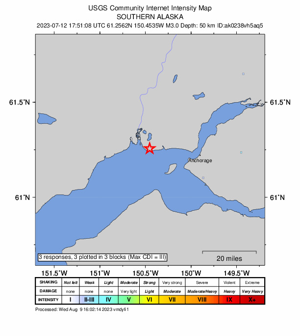 USGS DYFI community-reported intensity map for the M3.0 earthquake near Southern Alaska