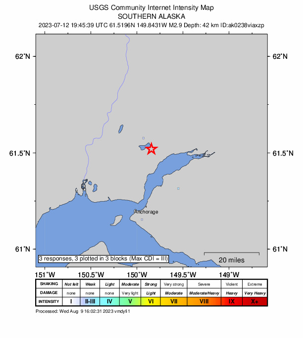 USGS DYFI community-reported intensity map for the M2.9 earthquake near 5 km E of Big Lake, Alaska