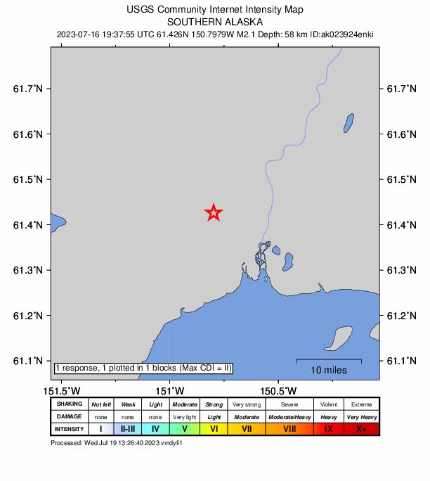 USGS DYFI community-reported intensity map for the M2.1 earthquake near 20 km SW of Susitna, Alaska