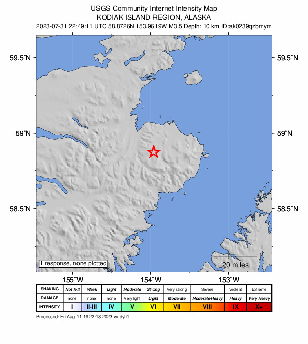 USGS DYFI community-reported intensity map for the M3.5 earthquake near 78 km SE of Kokhanok, Alaska