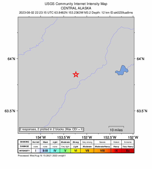 USGS DYFI community-reported intensity map for the M3.2 earthquake near 45 km W of Lake Minchumina, Alaska
