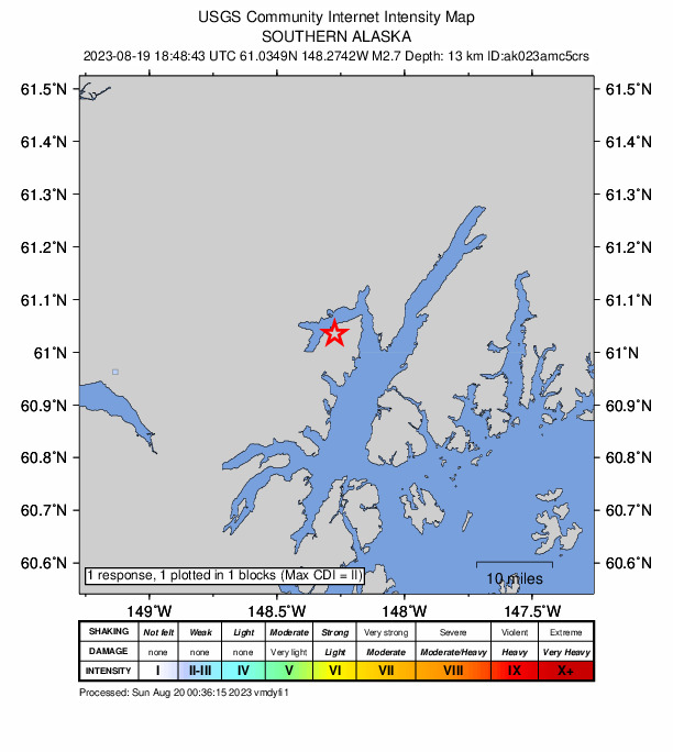 USGS DYFI community-reported intensity map for the M2.7 earthquake near 41 km NNE of Whittier, Alaska