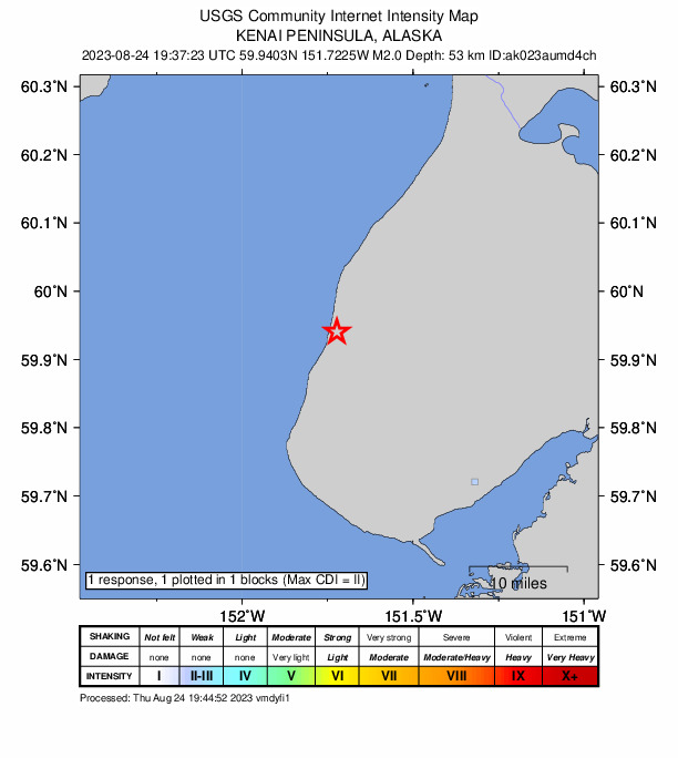 USGS DYFI community-reported intensity map for the M2.1 earthquake near 1 km SE of Happy Valley, Alaska