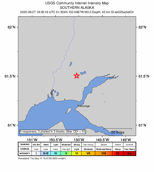 USGS DYFI community-reported intensity map for the M3.0 earthquake near 5 km WSW of Big Lake, Alaska