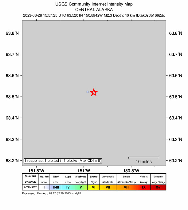 USGS DYFI community-reported intensity map for the M2.3 earthquake near 44 km E of Denali National Park, Alaska