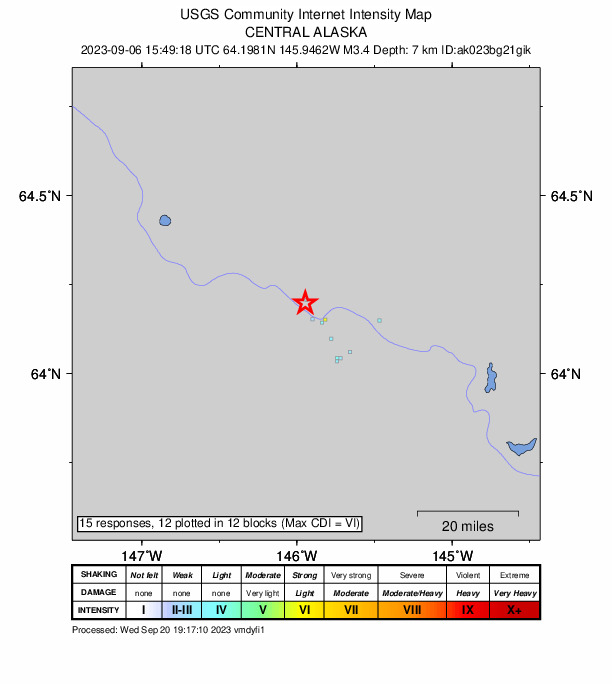 USGS DYFI community-reported intensity map for the M3.4 earthquake near 5 km NNW of Whitestone, Alaska