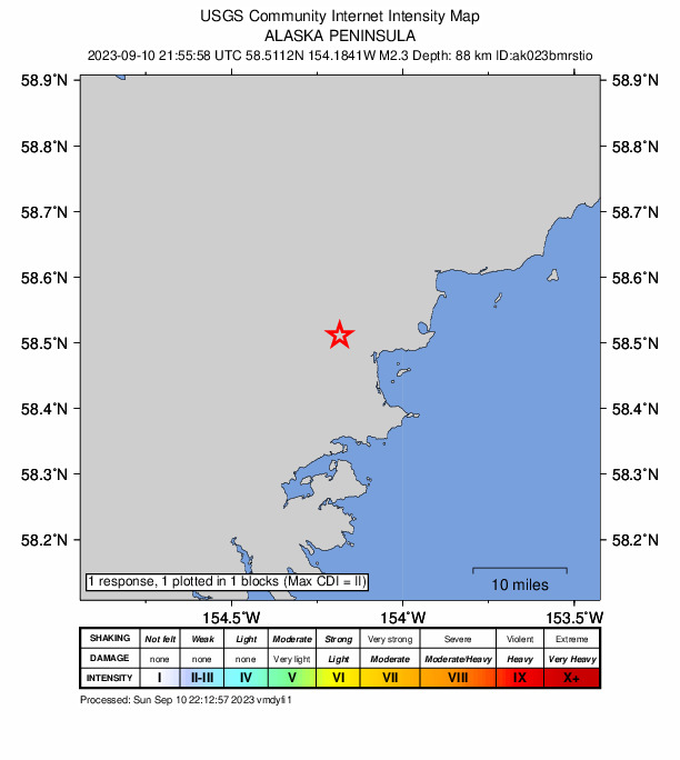 USGS DYFI community-reported intensity map for the M2.3 earthquake near 92 km NW of Aleneva, Alaska