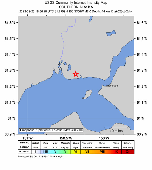 USGS DYFI community-reported intensity map for the M2.0 earthquake near 22 km WSW of Point MacKenzie, Alaska