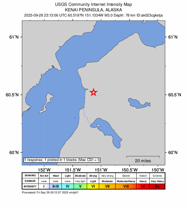 USGS DYFI community-reported intensity map for the M2.8 earthquake near 4 km W of Ridgeway, Alaska