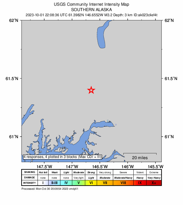 USGS DYFI community-reported intensity map for the M3.2 earthquake near 34 km NNW of Valdez, Alaska
