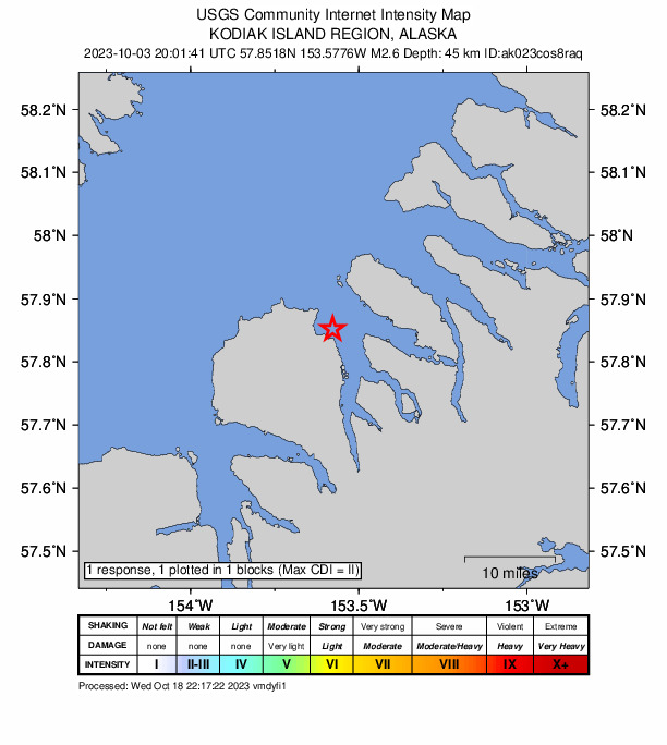USGS DYFI community-reported intensity map for the M2.6 earthquake near 41 km W of Port Lions, Alaska