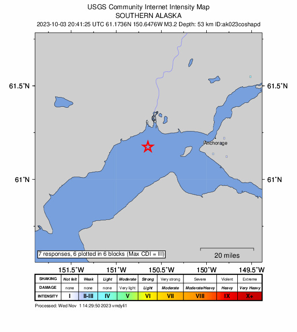 USGS DYFI community-reported intensity map for the M3.2 earthquake near 23 km E of Beluga, Alaska