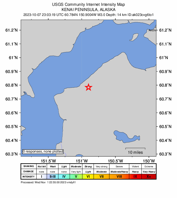 USGS DYFI community-reported intensity map for the M3.0 earthquake near 19 km SW of Point Possession, Alaska