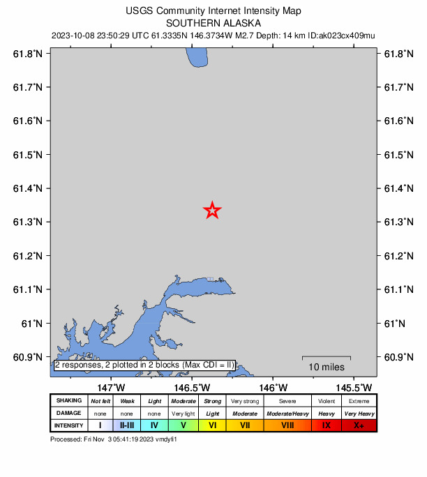 USGS DYFI community-reported intensity map for the M2.7 earthquake near 22 km N of Valdez, Alaska