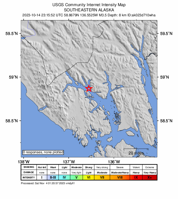 USGS DYFI community-reported intensity map for the M3.5 earthquake near 68 km SSW of Covenant Life, Alaska