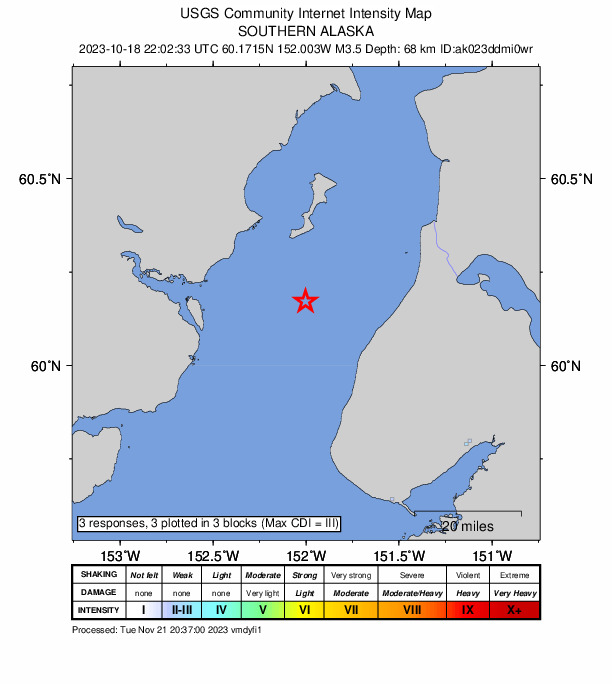 USGS DYFI community-reported intensity map for the M3.5 earthquake near 22 km NW of Ninilchik, Alaska