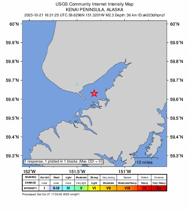 USGS DYFI community-reported intensity map for the M2.5 earthquake near 5 km WNW of Halibut Cove, Alaska