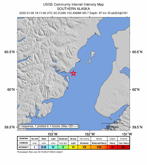 USGS DYFI community-reported intensity map for the M3.6 earthquake near 46 km WNW of Ninilchik, Alaska