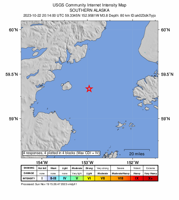 USGS DYFI community-reported intensity map for the M3.8 earthquake near 59 km W of Nanwalek, Alaska