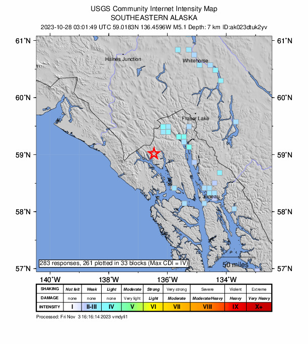 USGS DYFI community-reported intensity map for the M5.1 earthquake near 50 km SSW of Covenant Life, Alaska