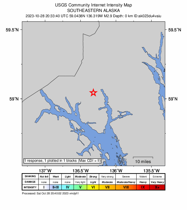 USGS DYFI community-reported intensity map for the M2.9 earthquake near 49 km SSW of Covenant Life, Alaska